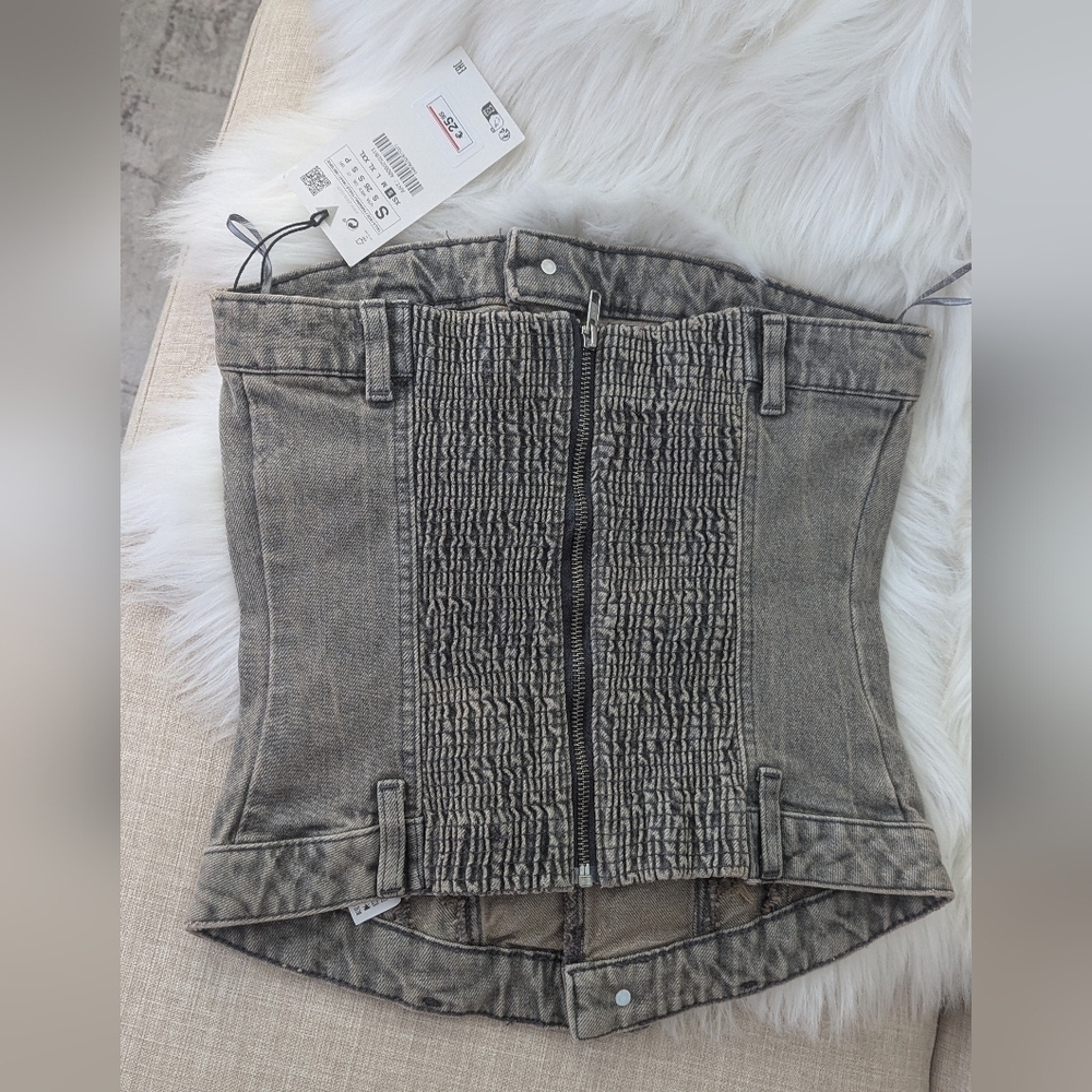 NWT Zara Corset Style Denim Top Jean Strapless Back Zip  Size S - Picture 9 of 10